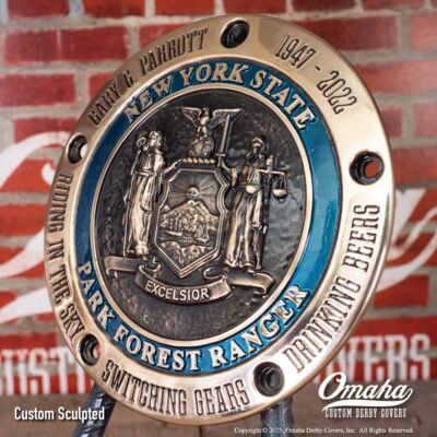 Custom sculpted derby cover for Harley-Davidson motorcycle