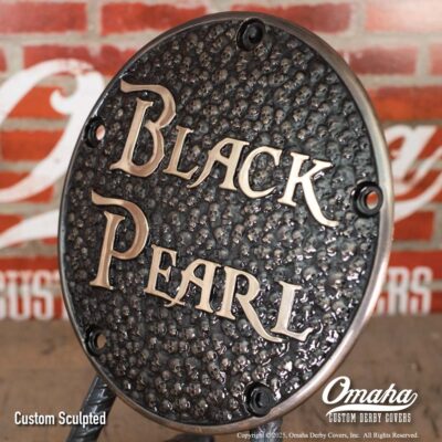 Pirates of the Caribbean inspired custom derby cover for Harley-Davidson motorcycles. Black Pearl Lettering