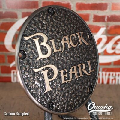 Pirates of the Caribbean inspired custom derby cover for Harley-Davidson motorcycles. Black Pearl Lettering