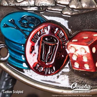 Cast bronze custom derby cover for Harley-Davidson motorcycle with a Reno Nevada theme