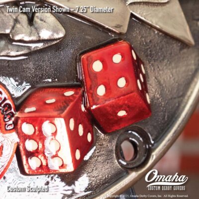Cast bronze custom derby cover for Harley-Davidson motorcycle with a Reno Nevada theme