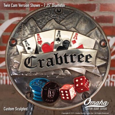 Cast bronze custom derby cover for Harley-Davidson motorcycle with a Reno Nevada theme