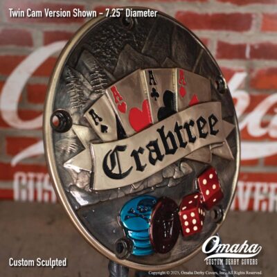 Cast bronze custom derby cover for Harley-Davidson motorcycle with a Reno Nevada theme