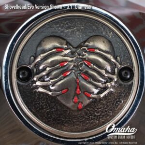 Custom timing cover for Harley-Davidson motorcycle with Broken Heart design