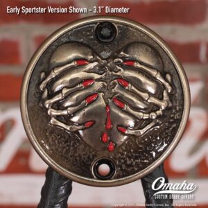 Custom timing cover for Harley-Davidson motorcycle with Broken Heart design