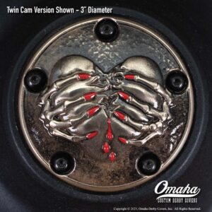 Custom timing cover for Harley-Davidson motorcycle with Broken Heart design