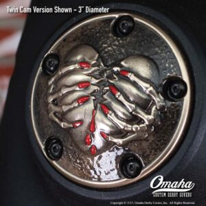 Custom timing cover for Harley-Davidson motorcycle with Broken Heart design