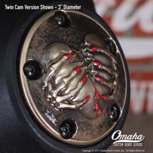 Custom timing cover for Harley-Davidson motorcycle with Broken Heart design