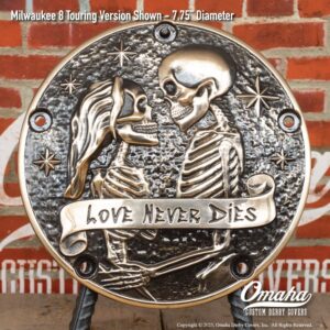 Custom derby cover for Harley-Davidson motorcycles with "love never dies" design