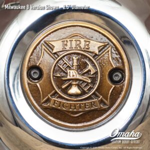Custom bronze fire fighter / St Florian Cross timing cover for Harley-Davidson motorcycle with Milwaukee 8 motor