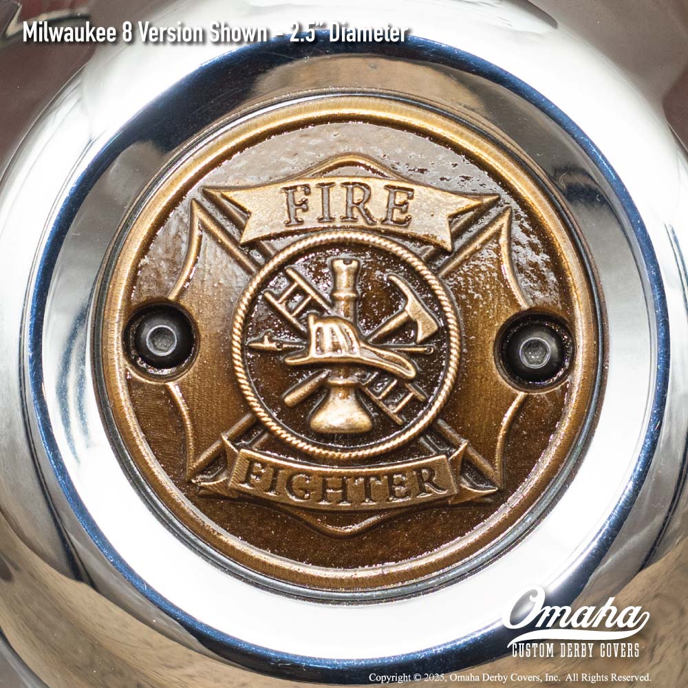 Custom bronze fire fighter / St Florian Cross timing cover for Harley-Davidson motorcycle with Milwaukee 8 motor