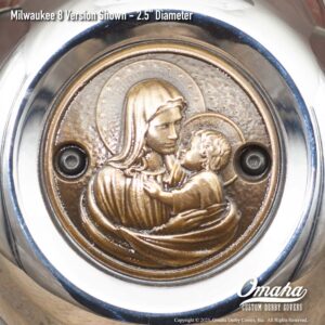 Custom bronze timing cover with Holy Mary and Baby Jesus sculpture for Harley-Davidson motorcycles with Milwaukee 8 motor