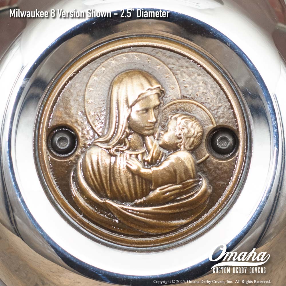 Custom bronze timing cover with Holy Mary and Baby Jesus sculpture for Harley-Davidson motorcycles with Milwaukee 8 motor