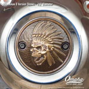 Custom bronze Indian Head timing cover for Harley-Davidson motorcycle with Milwaukee 8 motor