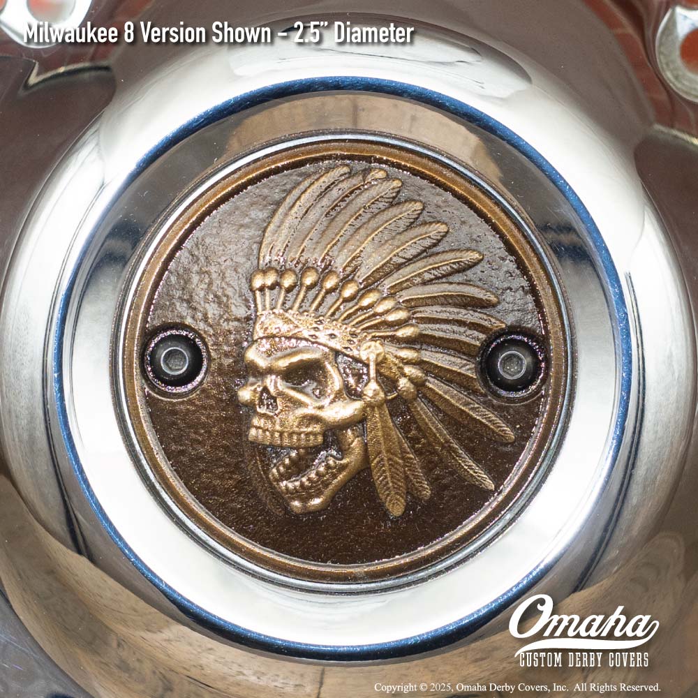 Custom bronze Indian Head timing cover for Harley-Davidson motorcycle with Milwaukee 8 motor