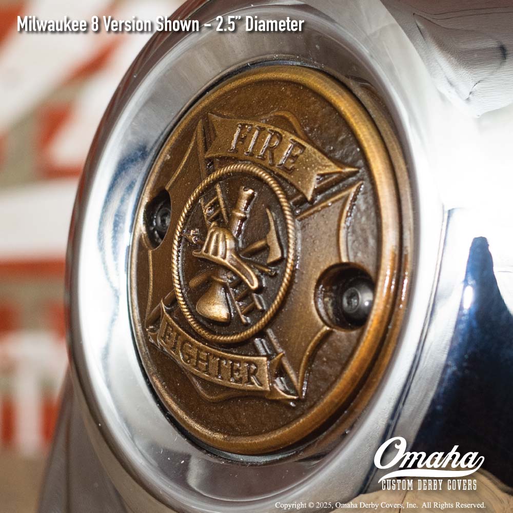 Custom bronze fire fighter / St Florian Cross timing cover for Harley-Davidson motorcycle with Milwaukee 8 motor