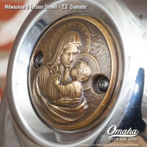 Custom bronze timing cover with Holy Mary and Baby Jesus sculpture for Harley-Davidson motorcycles with Milwaukee 8 motor
