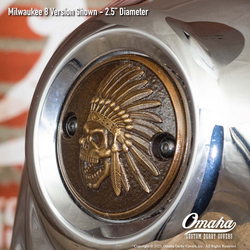 Custom bronze Indian Head timing cover for Harley-Davidson motorcycle with Milwaukee 8 motor