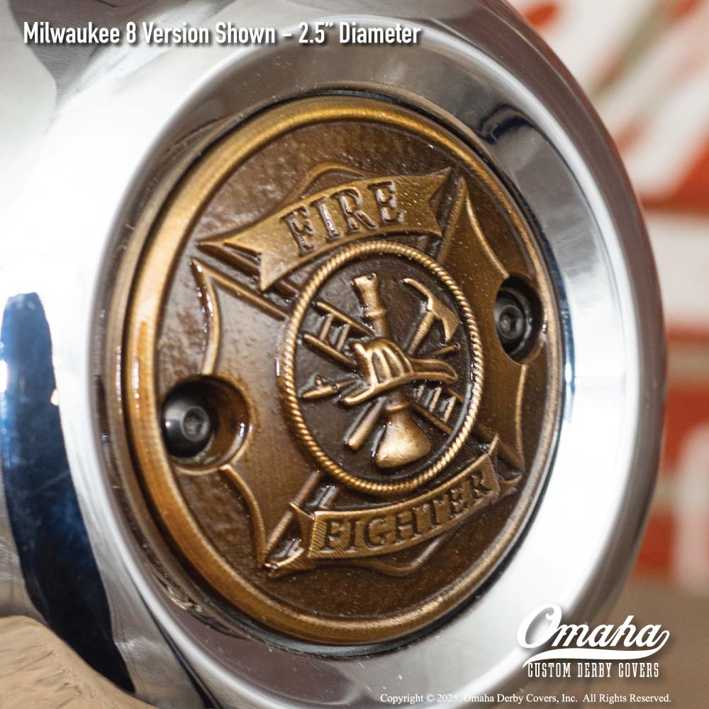 Custom bronze fire fighter / St Florian Cross timing cover for Harley-Davidson motorcycle with Milwaukee 8 motor