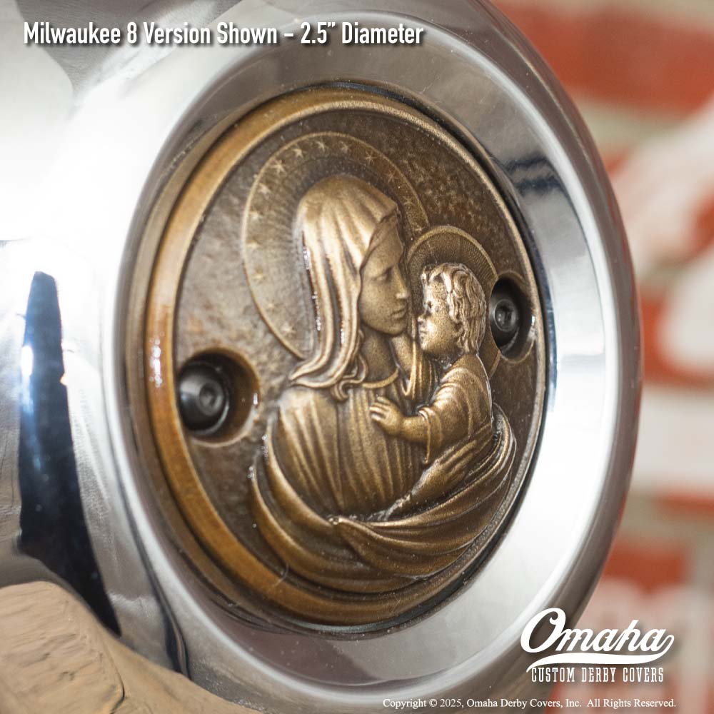 Custom bronze timing cover with Holy Mary and Baby Jesus sculpture for Harley-Davidson motorcycles with Milwaukee 8 motor