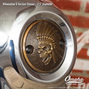 Custom bronze Indian Head timing cover for Harley-Davidson motorcycle with Milwaukee 8 motor