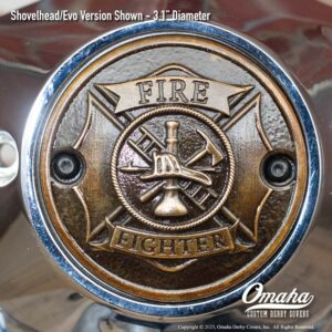 Custom bronze fire fighter / St Florian Cross timing cover for Harley-Davidson motorcycle with Shovelhead or Evo motor