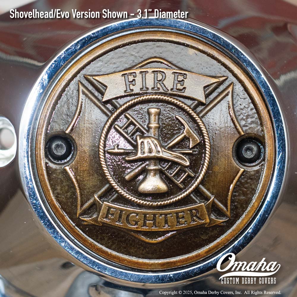 Custom bronze fire fighter / St Florian Cross timing cover for Harley-Davidson motorcycle with Shovelhead or Evo motor