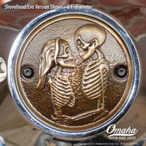 Custom bronze timing cover with Love Never Dies sculpture for Harley-Davidson motorcycles with Shovelhead or Evo motor