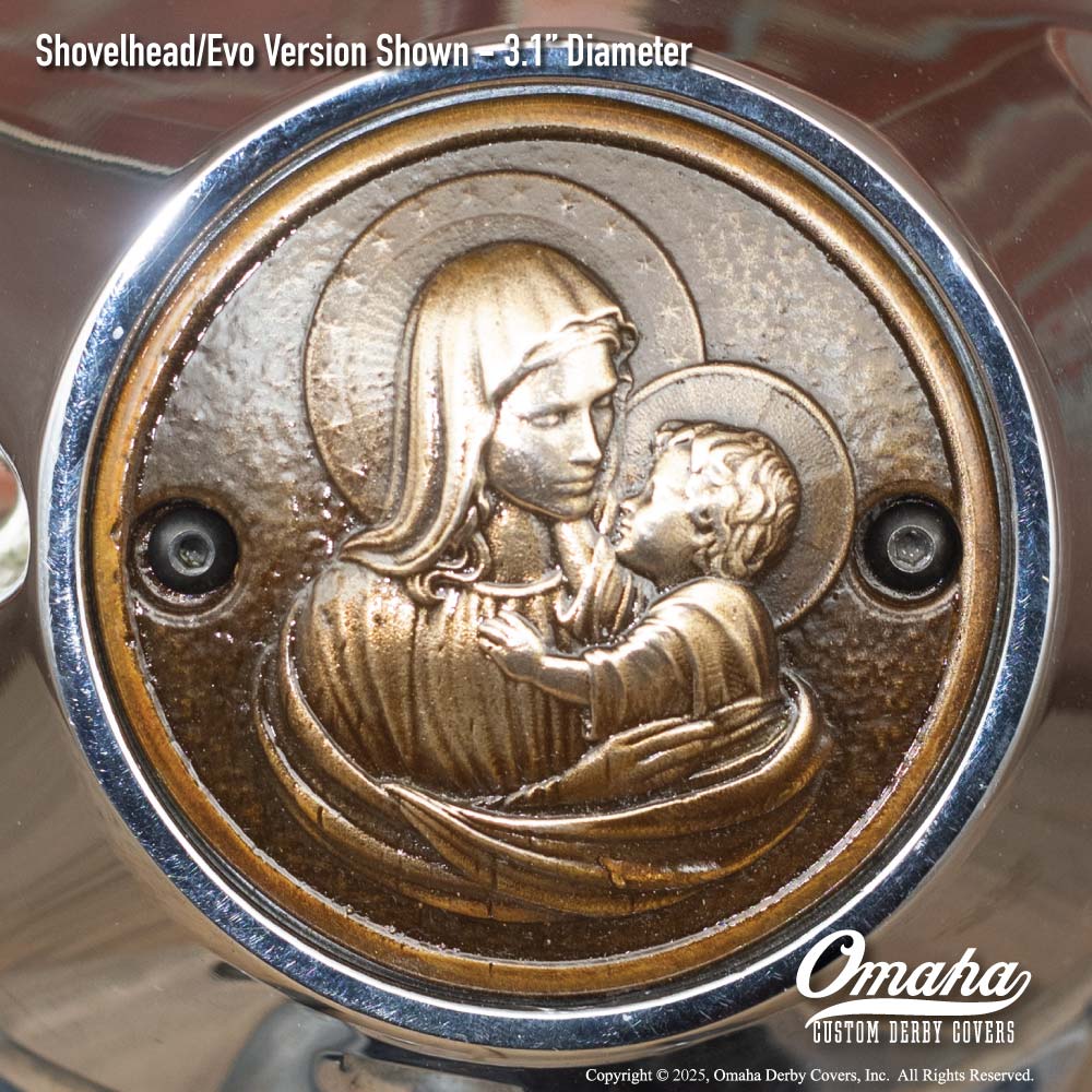Custom bronze timing cover with Holy Mary and Baby Jesus sculpture for Harley-Davidson motorcycles with Shovelhead or Evo motor