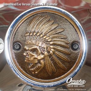 Custom bronze Indian Head timing cover for Harley-Davidson motorcycle with Shovelhead or Evo motor