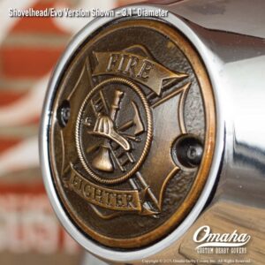 Custom bronze fire fighter / St Florian Cross timing cover for Harley-Davidson motorcycle with Shovelhead or Evo motor