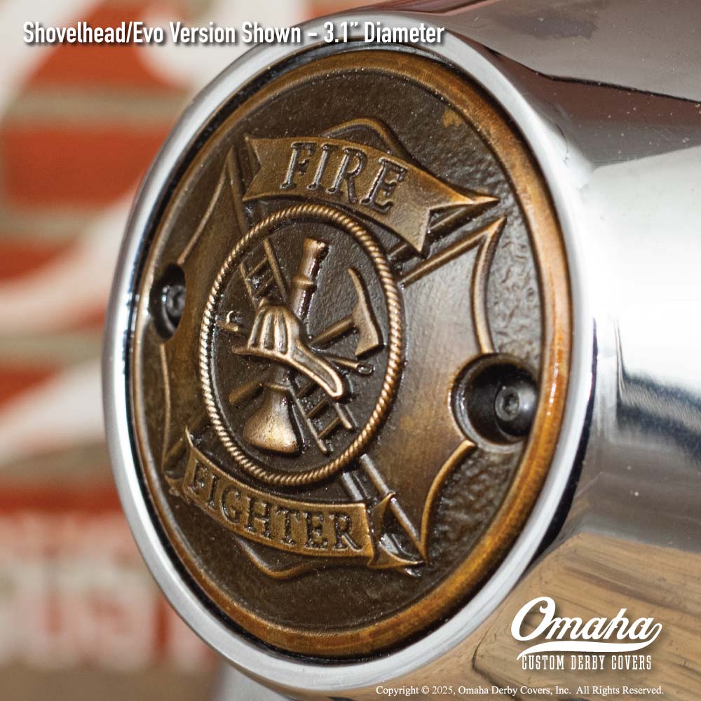Custom bronze fire fighter / St Florian Cross timing cover for Harley-Davidson motorcycle with Shovelhead or Evo motor