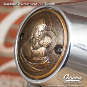 Custom bronze timing cover with Holy Mary and Baby Jesus sculpture for Harley-Davidson motorcycles with Shovelhead or Evo motor
