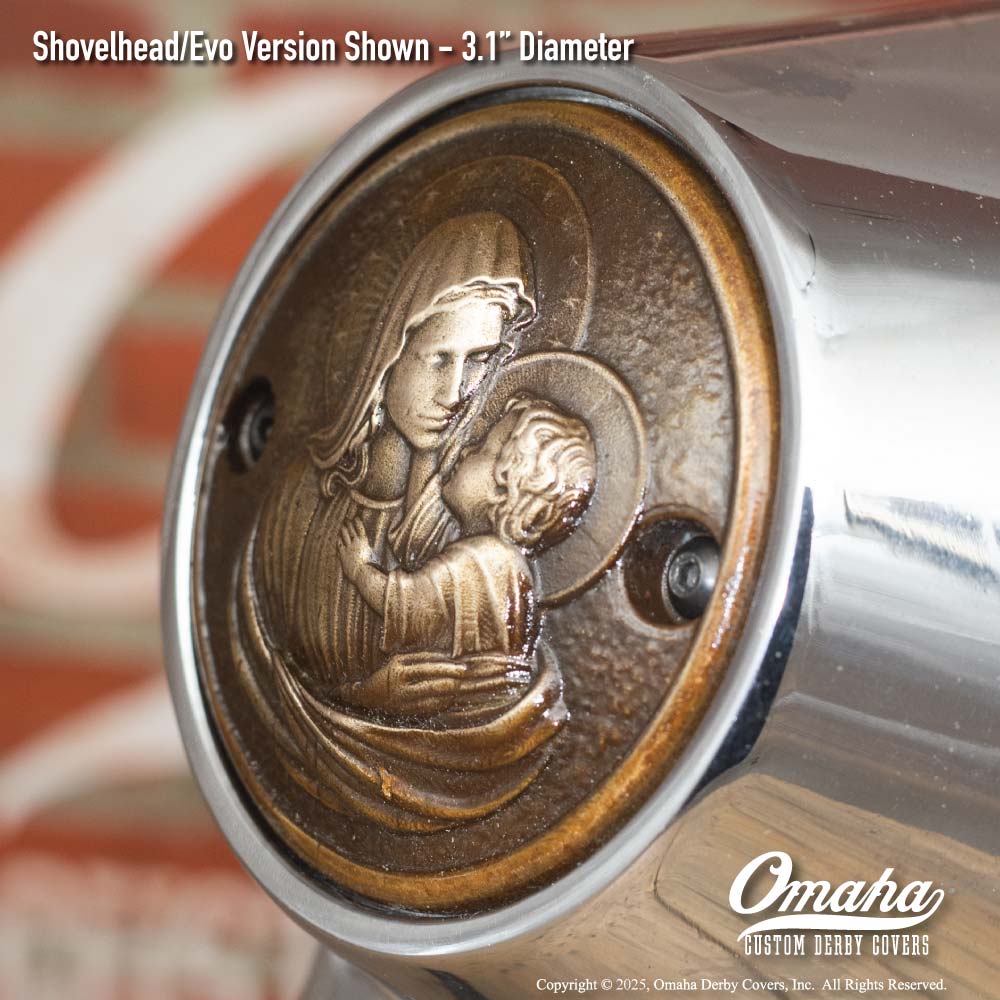 Custom bronze timing cover with Holy Mary and Baby Jesus sculpture for Harley-Davidson motorcycles with Shovelhead or Evo motor