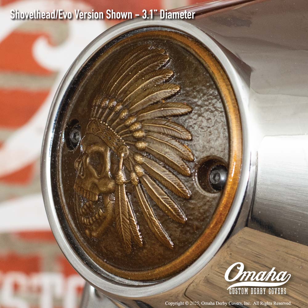 Custom bronze Indian Head timing cover for Harley-Davidson motorcycle with Shovelhead or Evo motor