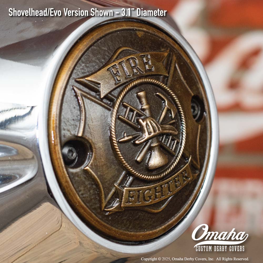 Custom bronze fire fighter / St Florian Cross timing cover for Harley-Davidson motorcycle with Shovelhead or Evo motor