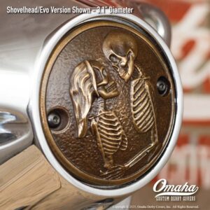 Custom bronze timing cover with Love Never Dies sculpture for Harley-Davidson motorcycles with Shovelhead or Evo motor