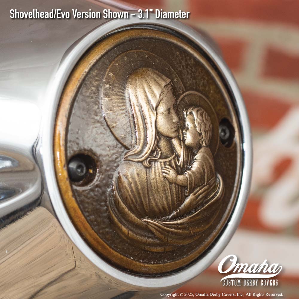 Custom bronze timing cover with Holy Mary and Baby Jesus sculpture for Harley-Davidson motorcycles with Shovelhead or Evo motor