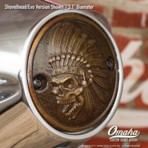 Custom bronze Indian Head timing cover for Harley-Davidson motorcycle with Shovelhead or Evo motor