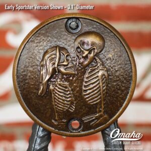 Custom bronze timing cover with Love Never Dies sculpture for Harley-Davidson Sportster motorcycles