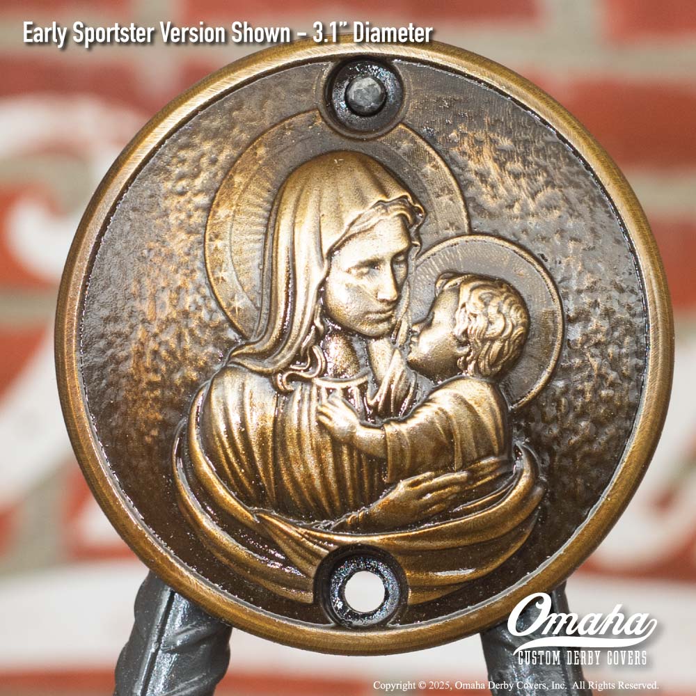 Custom bronze timing cover with Holy Mary and Baby Jesus sculpture for Harley-Davidson Sportster motorcycles