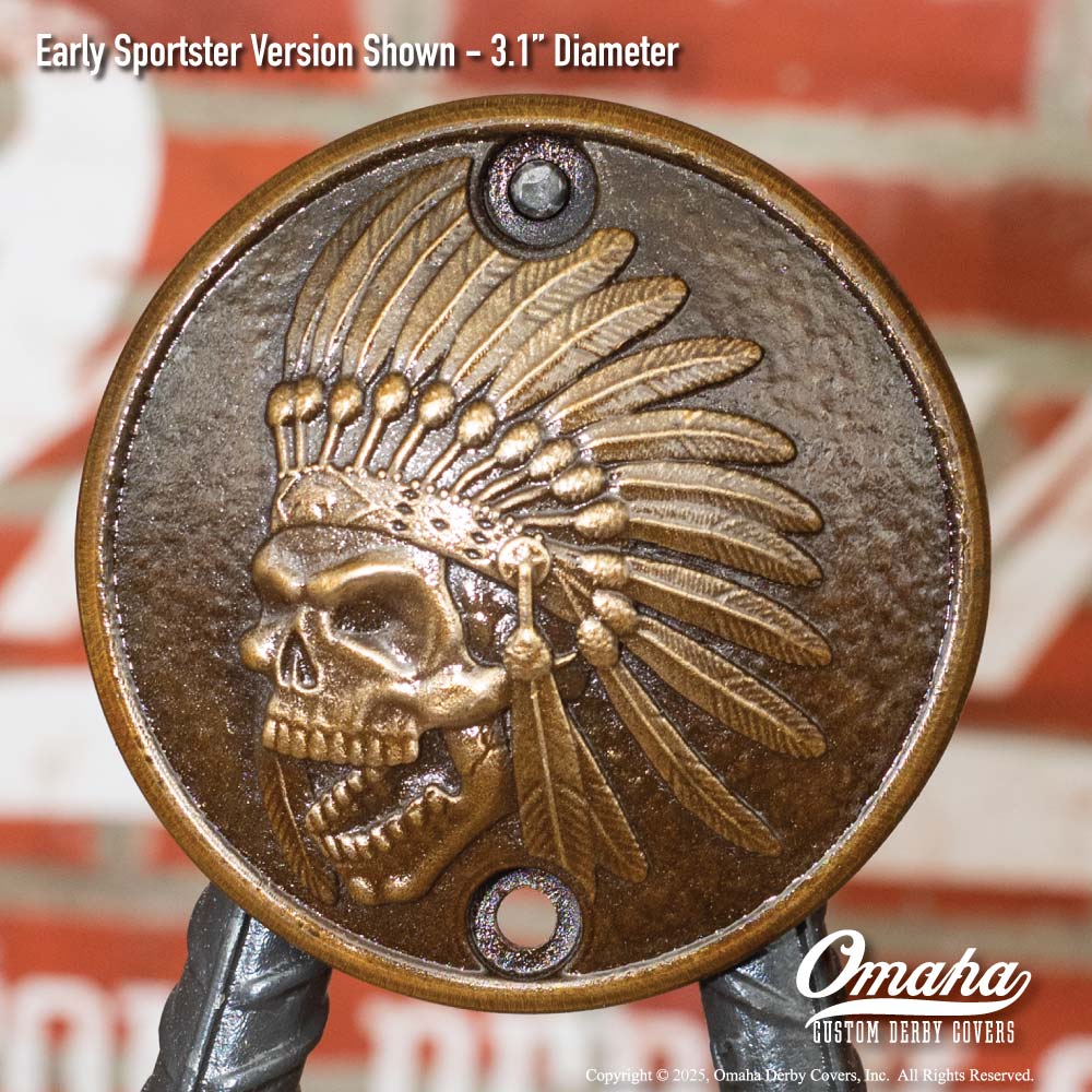 Custom bronze Indian Head timing cover for Harley-Davidson Sportster motorcycle