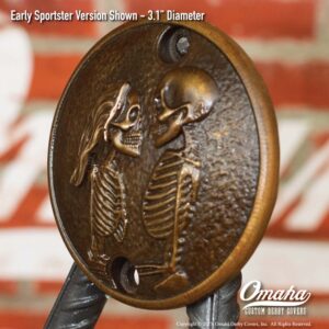 Custom bronze timing cover with Love Never Dies sculpture for Harley-Davidson Sportster motorcycles