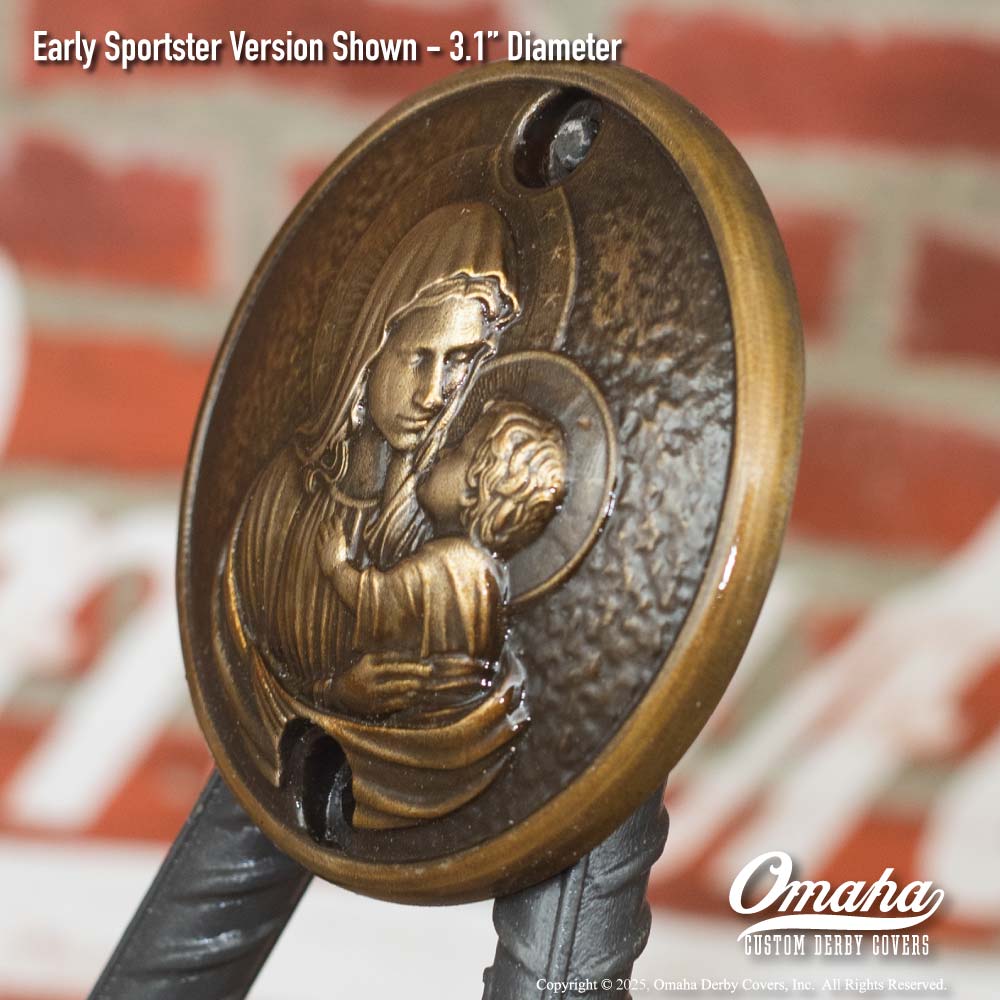 Custom bronze timing cover with Holy Mary and Baby Jesus sculpture for Harley-Davidson Sportster motorcycles