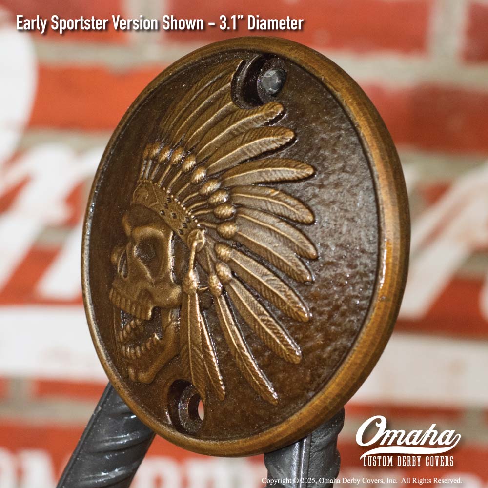 Custom bronze Indian Head timing cover for Harley-Davidson Sportster motorcycle