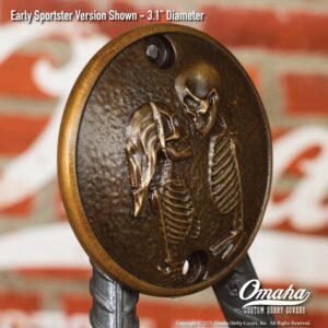 Custom bronze timing cover with Love Never Dies sculpture for Harley-Davidson Sportster motorcycles