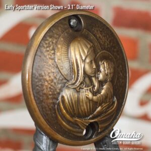 Custom bronze timing cover with Holy Mary and Baby Jesus sculpture for Harley-Davidson Sportster motorcycles