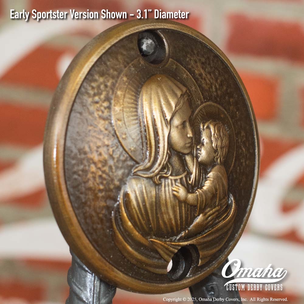 Custom bronze timing cover with Holy Mary and Baby Jesus sculpture for Harley-Davidson Sportster motorcycles