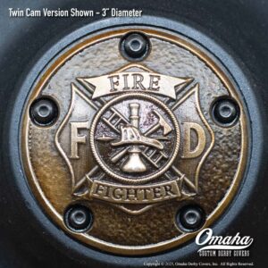 Custom bronze fire fighter / St Florian Cross timing cover for Harley-Davidson motorcycle with Twin Cam motor