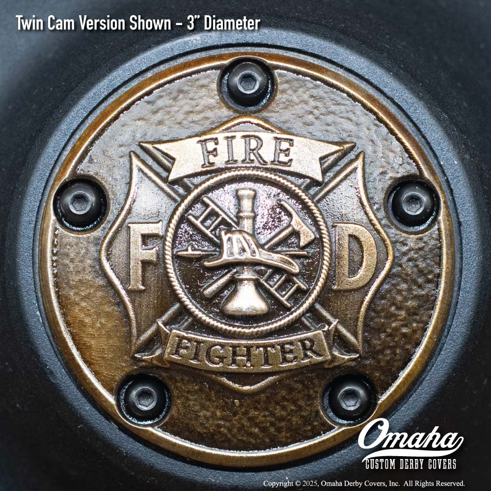 Custom bronze fire fighter / St Florian Cross timing cover for Harley-Davidson motorcycle with Twin Cam motor